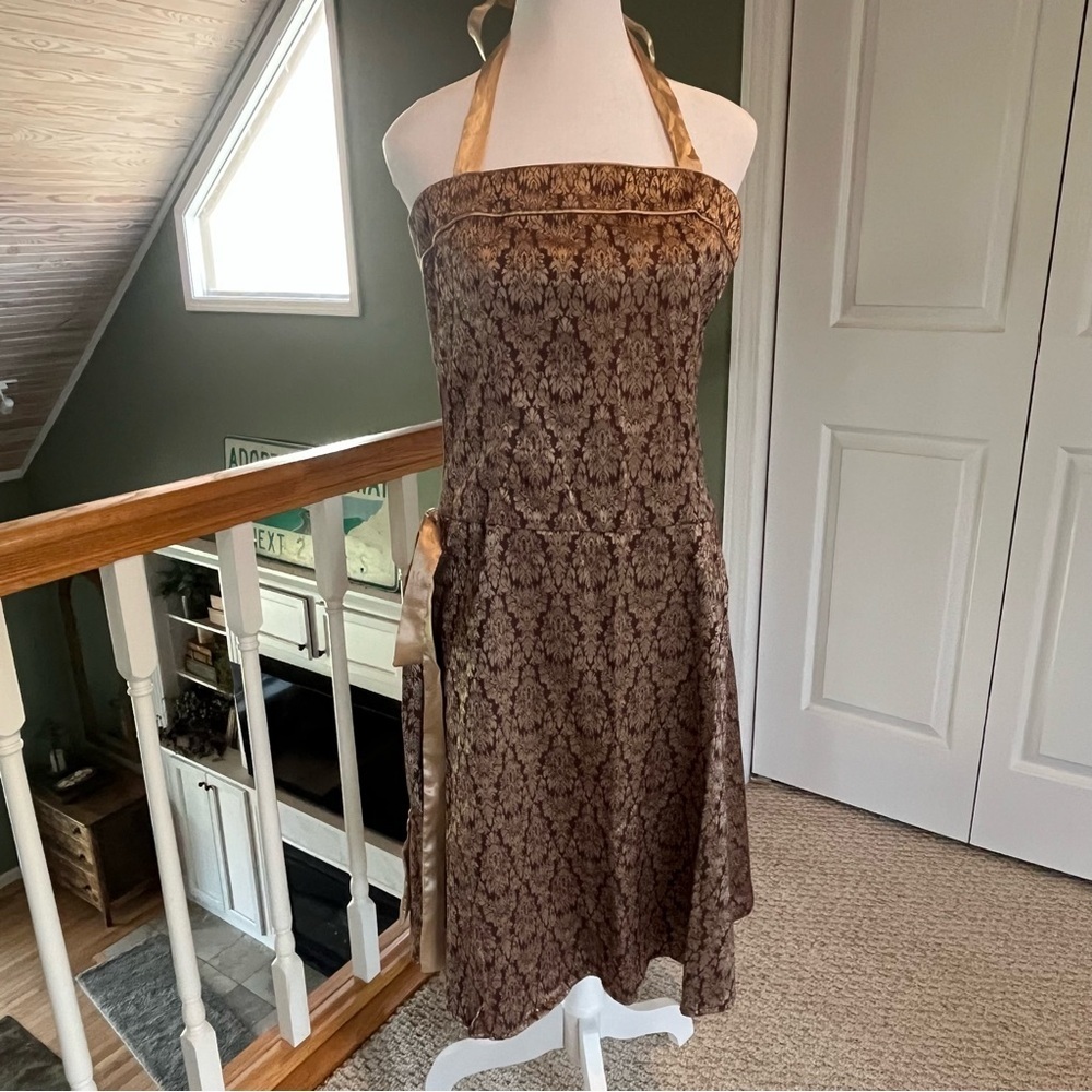 Teeze Me Halter Brown Gold Brocade Party Dress Sz 11 Back Zipper Waist Sash Bow